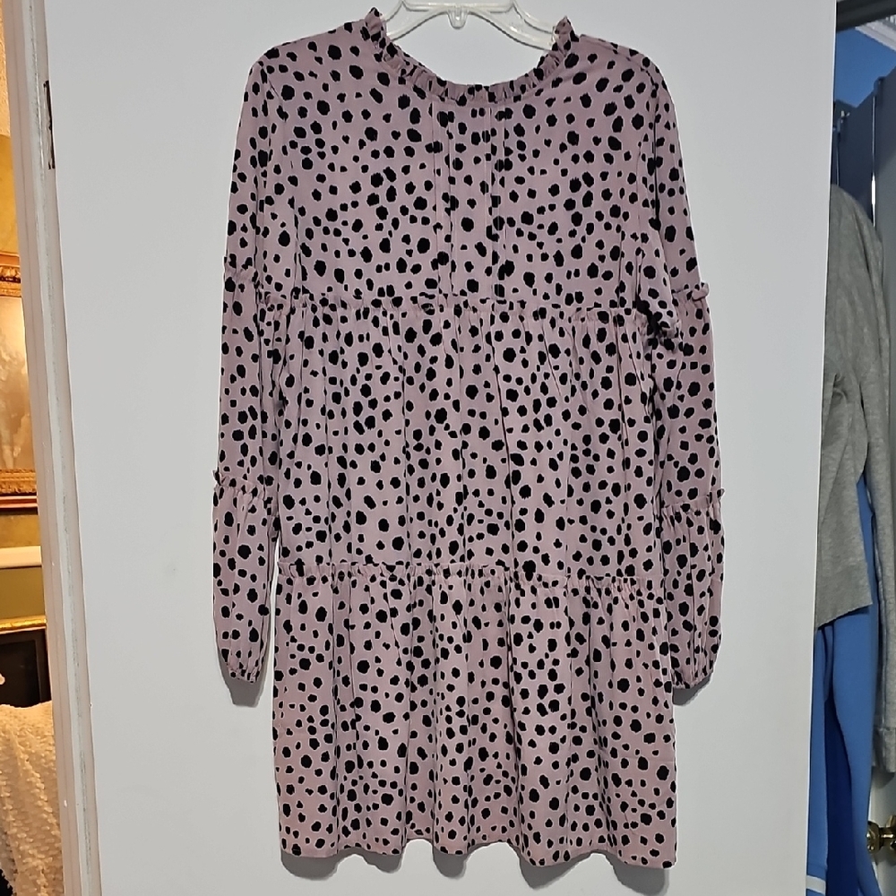 New Solution Lavendar Black Polka Dot Dress Sz Medium Flowy Comfy Fall